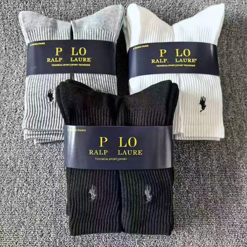 Popular Foreign Trade Polo Socks, 6 Pairs of Solid Color Business Mid-High Tube Men's Sports Socks, Towel Bottom Socks, Wholesale and Dropshipping