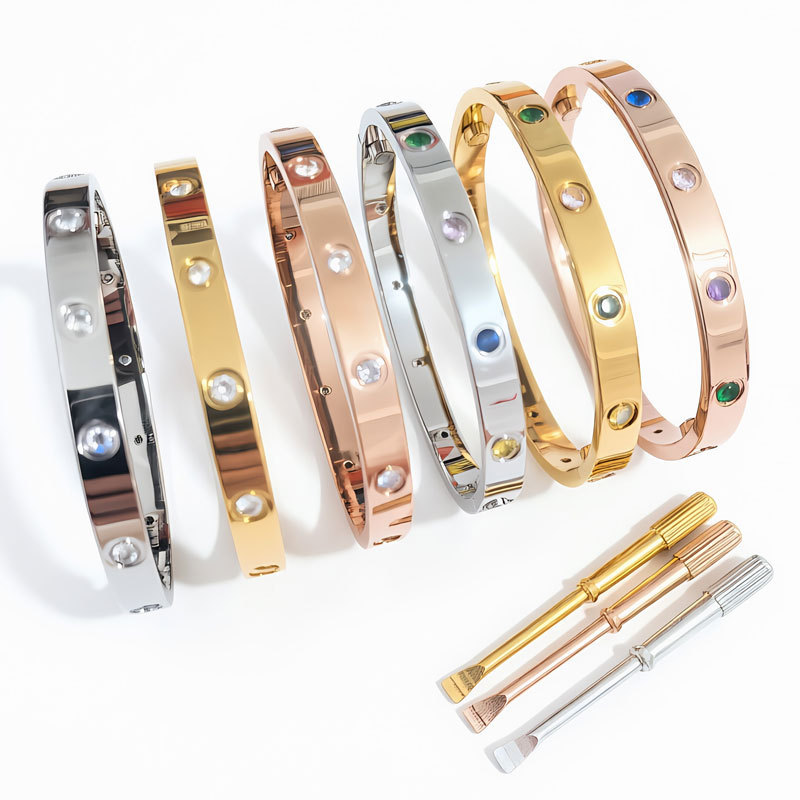 Cross-Border Hot-Selling Titanium Steel Vacuum Electroplated Non-Fading Wide Version Ten-Diamond Couple Bracelet Fashionable Screw Clasp Bracelet