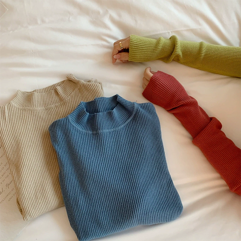 Sweater, demi-season knitted long-sleeve, high collar, slim fit, tight