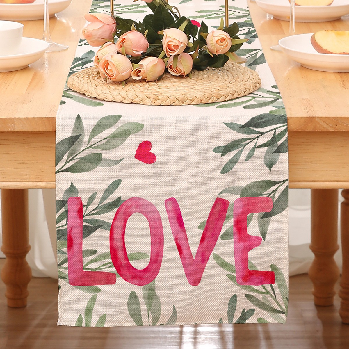 Camino de mesa temático de San Valentín para decoración transfronteriza, mantel rojo estampado de Amazon, decoración de restaurante, estilo nórdico, decoración del hogar, tira larga