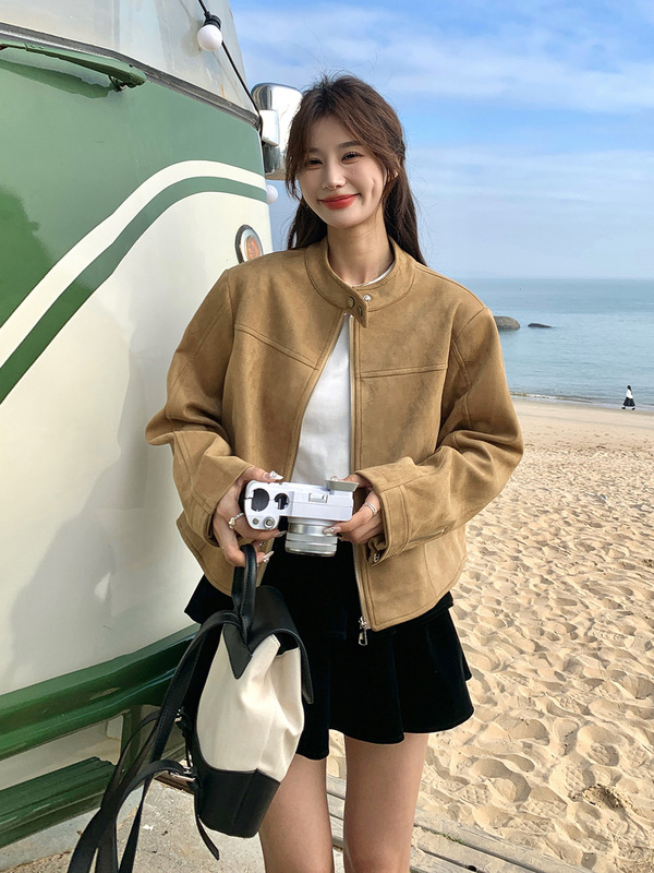 棕色麂皮绒外套女秋季2025新款韩系穿搭感小个子短款休闲夹克|undefined