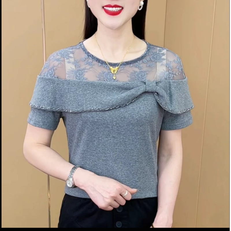 2025夏季新款时尚设计感圆领蕾丝拼接短袖T恤女百搭洋气上衣潮|undefined