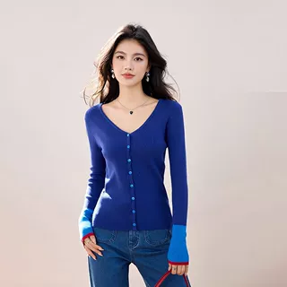包芯纱高级感克莱因蓝v领针织开衫女秋修身内搭打底拼接撞色上衣