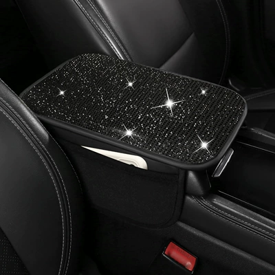 Armrest box pad – rhinestone car armrest cushion for - black-rhinestone-embellished-with-storage-bag