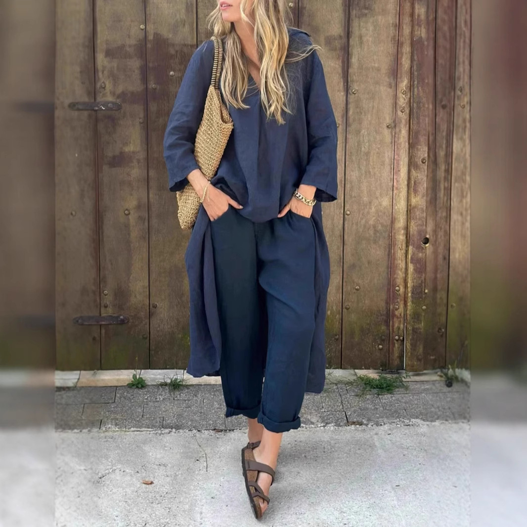 2025 European and American Style Popular Women's Independent Station Summer Pocket V-Neck Top Solid Color Loose Casual Pants 2-Piece Set