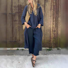 2025欧美风爆款女装独立站夏季口袋V领上衣纯色宽松休闲裤子2件套