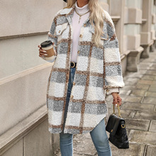 2025欧美跨境新款设计感加厚翻领格子毛呢大衣外套