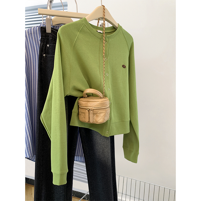 Green Long-Sleeved Hooded Sweatshirt for Women Early Autumn 5 New Loose Short Baseball Uniform Jacket Cardigan