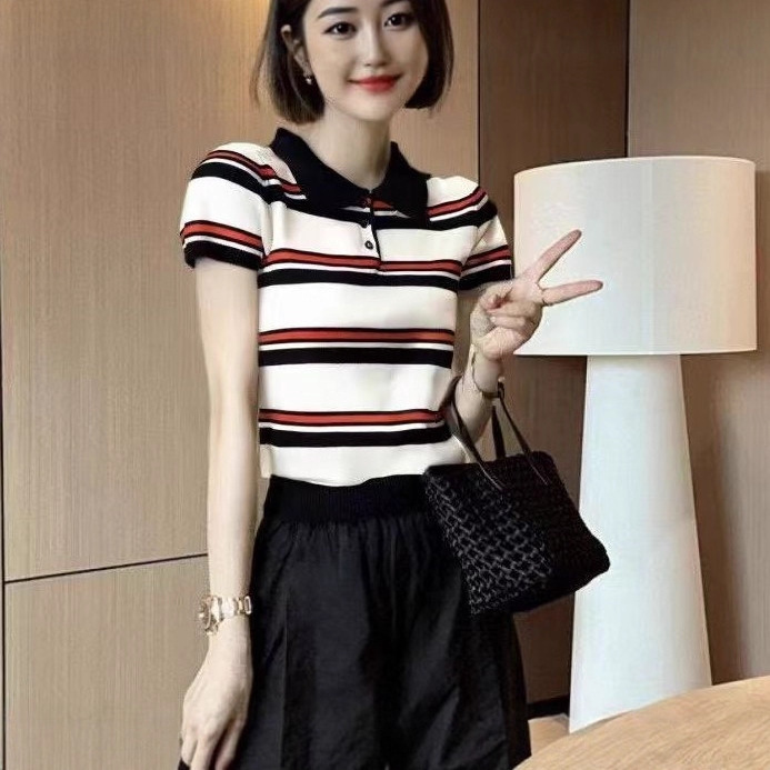 Academy-Style Design Polo Collar Color-Block Striped Knit Short-Sleeve Summer Korean Version Slim-Fit Stylish Top Academy-Style Design Polo Collar Color-Block Striped Knit Short-Sleeve Summer Korean Version Slim-Fit Stylish Top