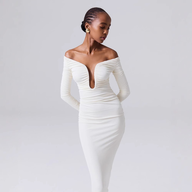 European and American Style Deep V Strapless Dress White Pleated U-Neck Long Sleeve Off-Shoulder dress Annual Dinner Birthday Dress