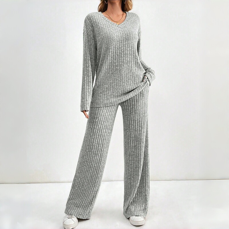 Autumn and Winter European and American Cross-Border New Women's Casual Fashion V-Neck Long-Sleeve Straight Pocket Long Pants Pajama Set for Women Autumn and Winter European and American Cross-Border New Women's Casual Fashion V-Neck Long-Sleeve Straight Pocket Long Pants Pajama Set for Women