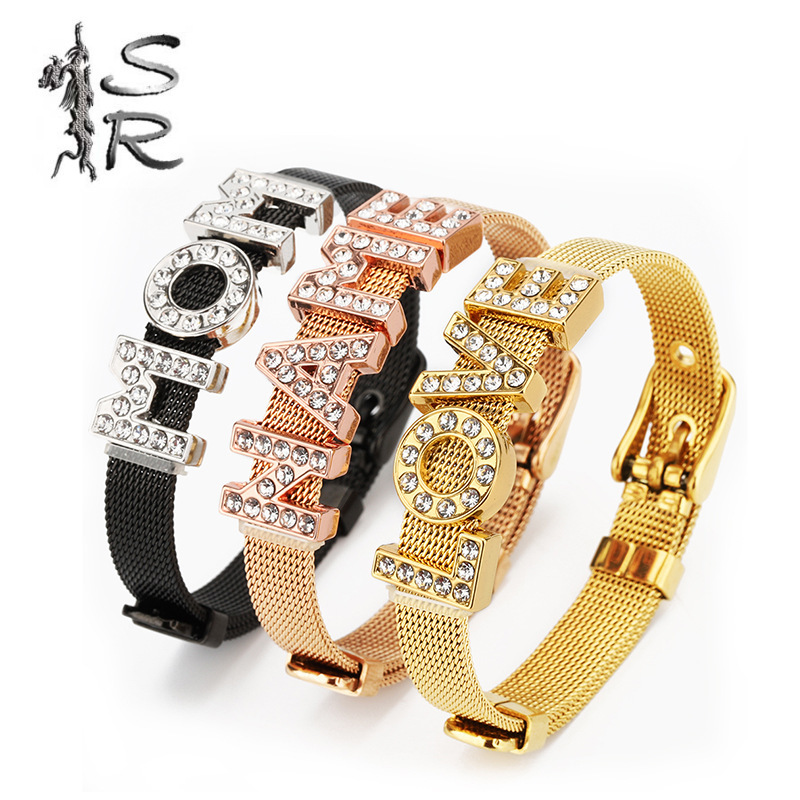 European and American Hot-Selling 26 English Letter DIY Mesh Strap Bracelet for Men and Women, Adjustable Stainless Steel Bracelet Wholesale