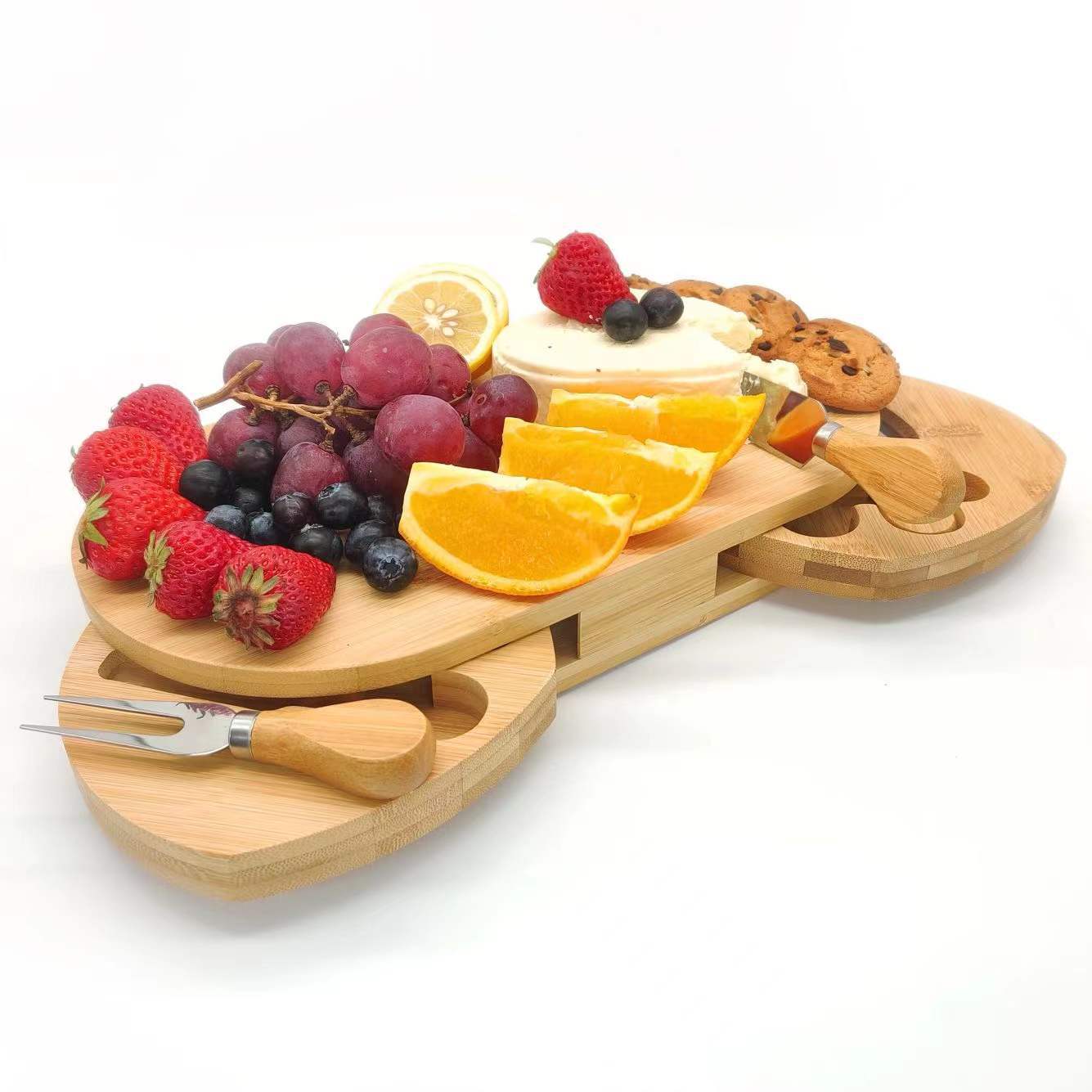椭圆形木质双层芝士板可旋转竹制面包奶酪盘带刀具实木披萨板套装