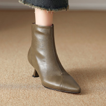马油牛皮 5.5CM气质高跟短靴子2024春秋冬季真皮及踝靴通勤女靴