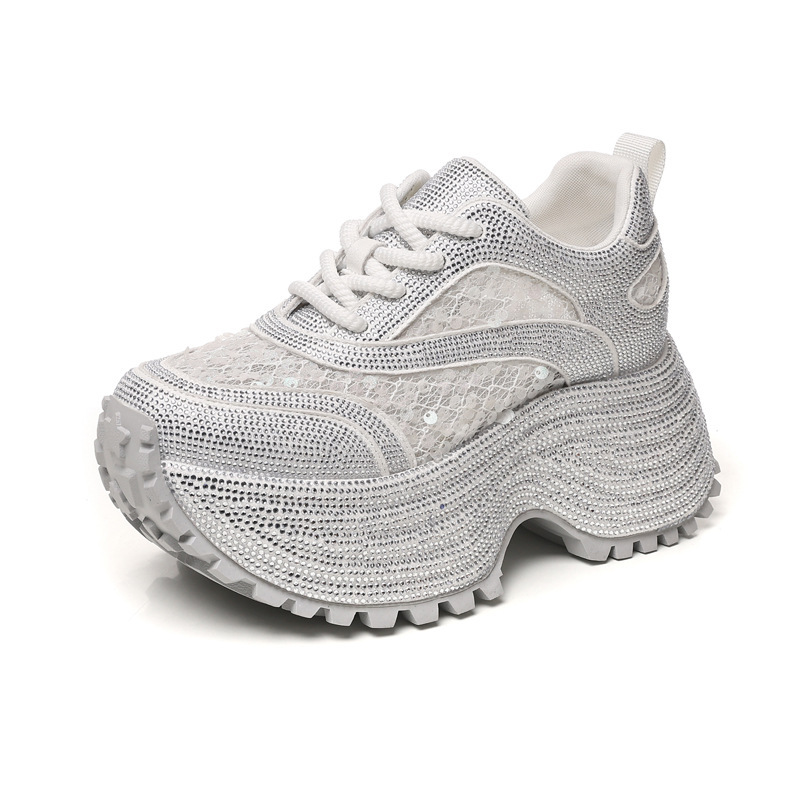 Giày sneaker nữ chunky đế dày lưới phối đá rhinestone — màu trắng
