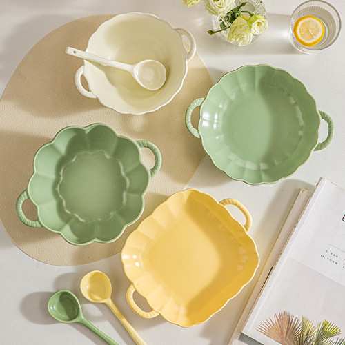 Double-ear ceramic soup bowl household dishes large tableware simple cream style ins style light food salad bowl plate