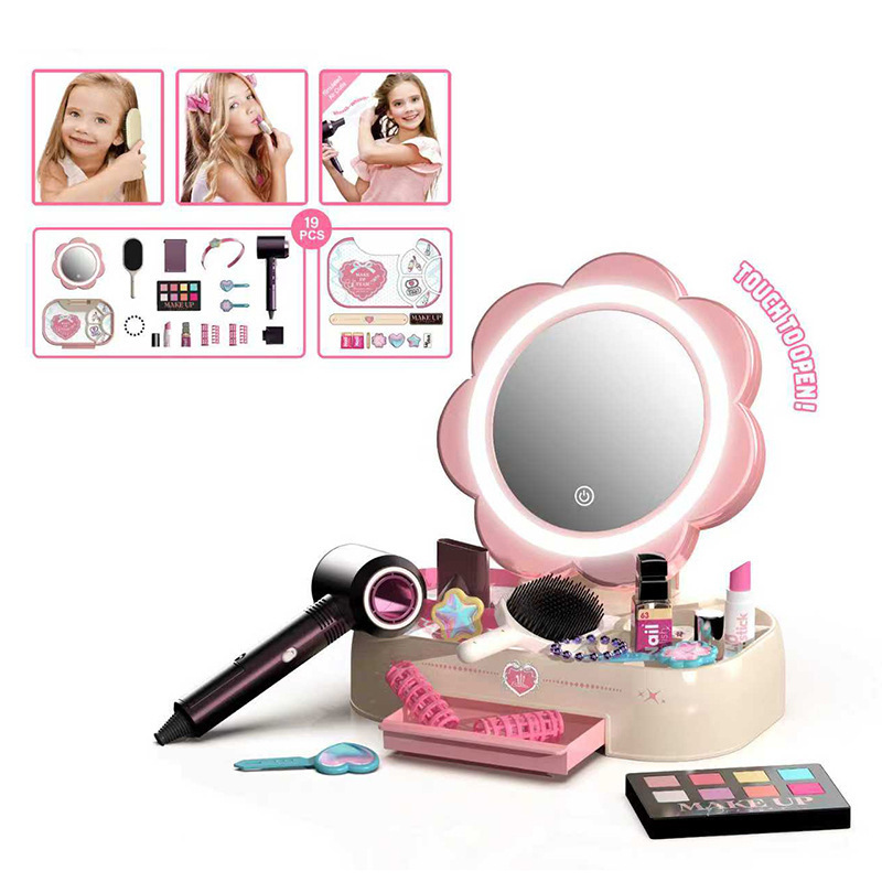 Comercio exterior para niños en el hogar juego de tocador para niñas simulación de espejo de maquillaje de inducción acústica y óptica secador de pelo juguetes