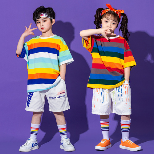 Girls boys rainbow striped hiphop street rapper jazz dance outfits boys hip-hop jazz dance clothing nursery school graduating class