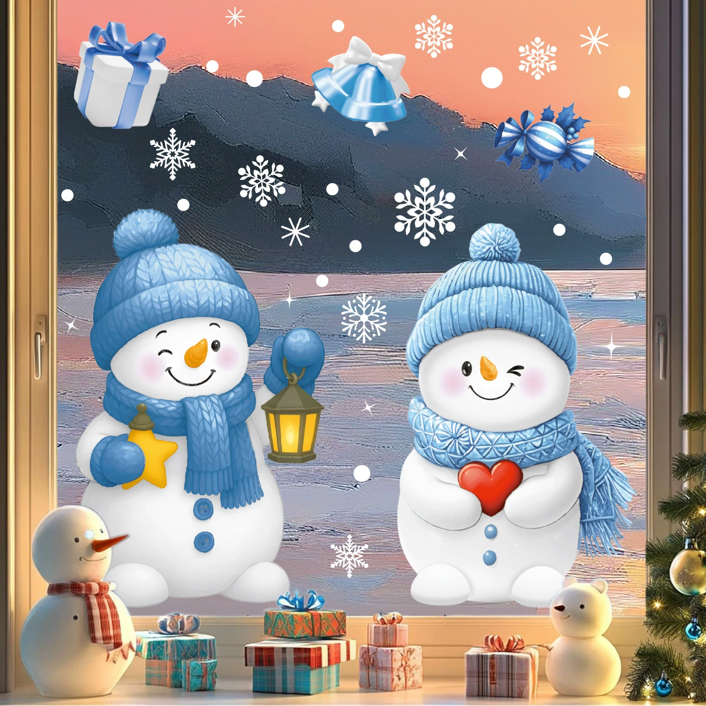 Синий рождественский снеговик, стеклянная наклейка, рождественское украшение, статическая наклейка на окно, снежинка, колокольчик, подарочная коробка, наклейка на окно