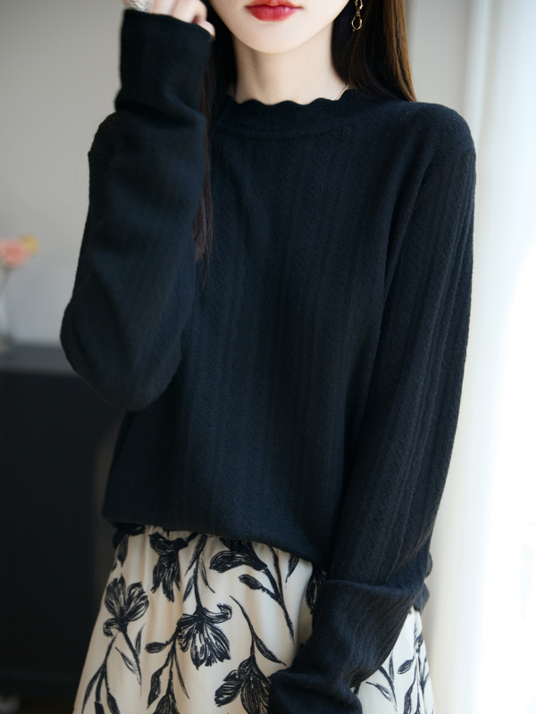 高级感蕾丝提花花边领针织衫女秋冬季新款精纺羊毛内搭毛衣打底衫|undefined