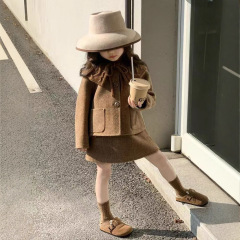 韩国童装2025冬季新款棕色双面毛呢套装女童针织大翻领外套半身裙