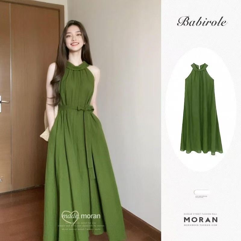French Style Unique Chic Shoulder Green Neck dress Women's Summer Super Good-looking High-end Temperament Sling Long Dress