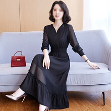雪纺连衣裙女长袖春秋新款大码领时尚气质收腰显瘦长款裙子