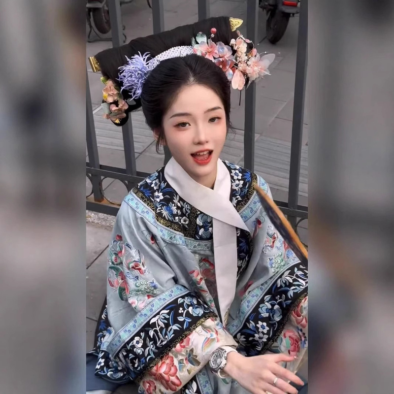清朝婦人服、中国風漢服、清朝チャイナドレス、旗服、格子服、新中国風宮殿風プリント2点セット|undefined