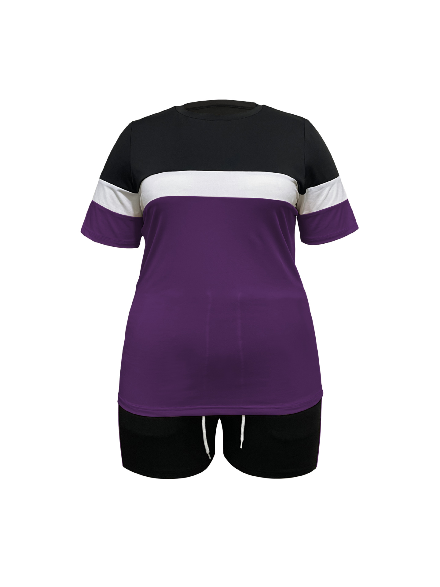 Women's Summer Sportswear Set Fashionable Color Block Crew Neck Short Sleeve T-Shirt Drawstring Shorts 2 Piece Outfit_ecoleips.com