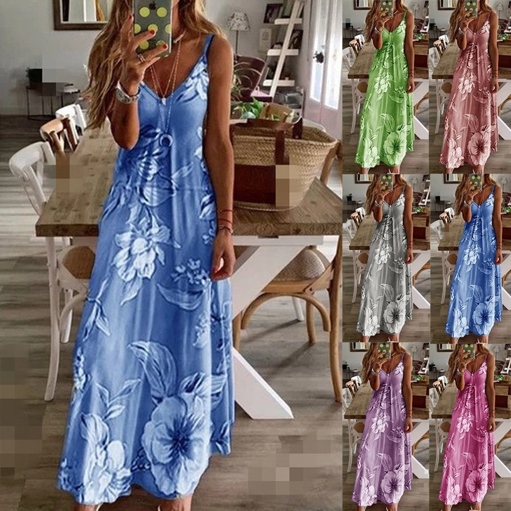 Wish Cross-Border Spring and Summer European and American New Women's Dress Slimming Look Long Floral Suspender Skirt