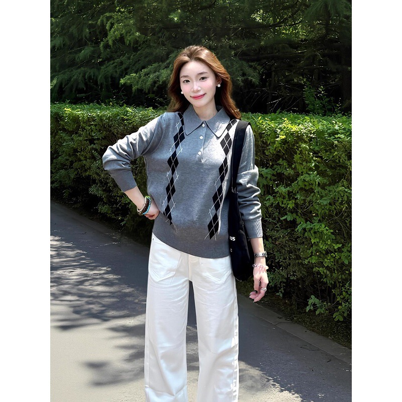 Polo Collar Plaid Pattern Slim Knitwear European Station 2025 Autum New Contrast Color Casual Loose Women
