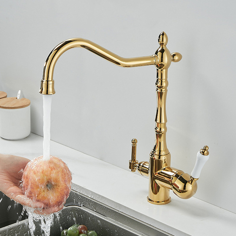 European-style all-copper vintage kitchen sink faucet double handle water purifier faucet hot and cold kitchen faucet