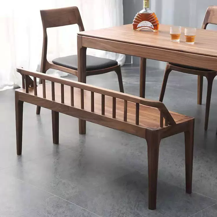 黑胡桃木靠背长凳北欧实木简约长条凳原木床尾凳家用榫卯换鞋凳子