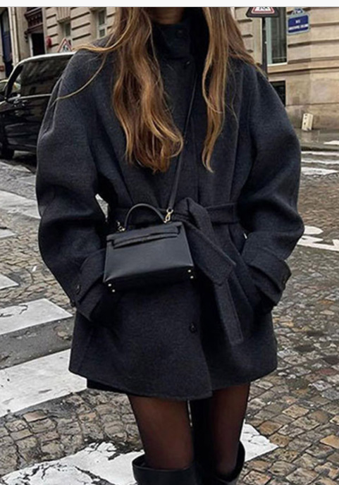 Damkläder Höst och vinter Nytt dambälte Halvhög krage enfärgad yllerock_voghion.com