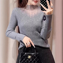 大碼半高領網紗拼接毛針織衫女早秋新款胖mm燙鑽顯瘦內搭打底上衣