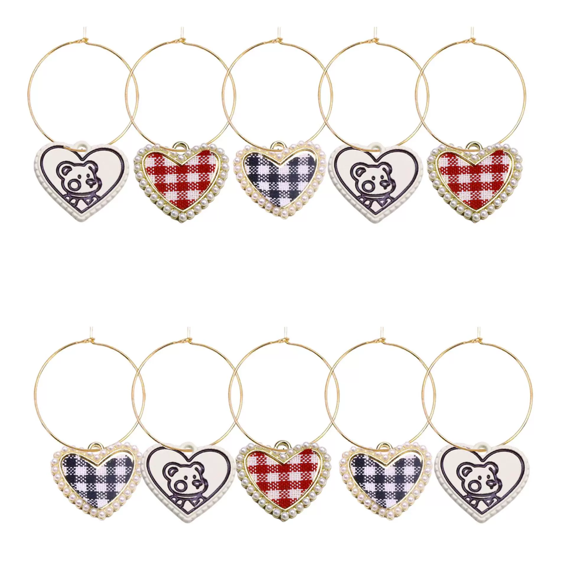 Набор подвесок для бокалов вина с мультяшным медведем, инкрустированным жемчугом, в клетчатой ткани, в стиле Etsy, для вечеринок.