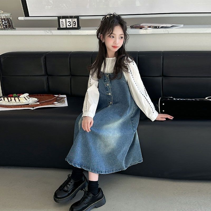 2025 New Style Stylish Denim Overalls Set for Girls, Two-Piece Spring and Autumn Dress
