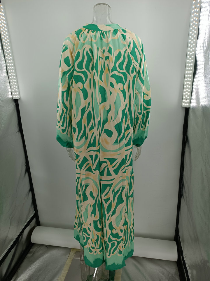 Women's printed pullover long sleeve long skirt V-neck swing loose dress_mkmklike.com