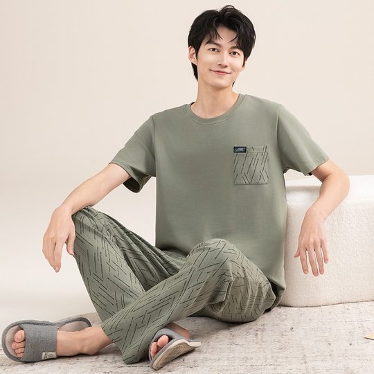 2025 New Arrival Pajamas Men's Summer Pure Cotton Short-sleeved Trousers Thin Casual Outwear Home Clothes Pure Cotton suit