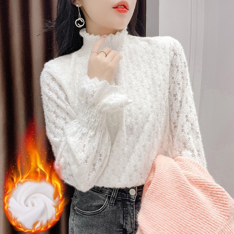 Brushed Thickened Lace Base Shirt Women's Fleece-Lined 2021 New Autumn and Winter Foreign-Style Interior Explosion High Collar Mesh Top