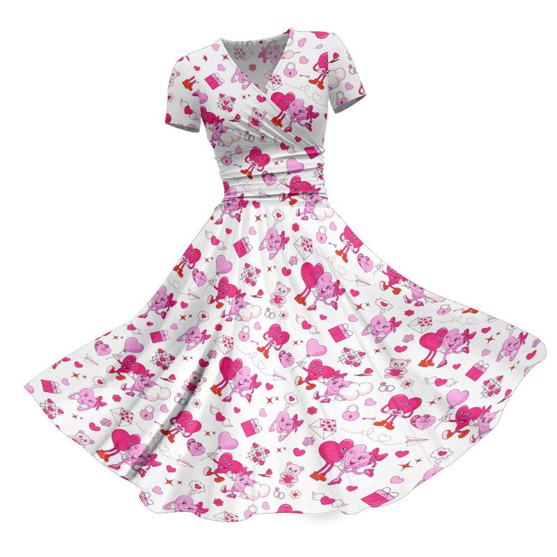 2025 European and American Independent Station V-neck dress Creative Valentine's Day Love Balloon Pattern 18 Short-sleeved Elegant Long Dress