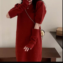 早春季小个子红色战袍针织套袖连衣裙子女2024新款夏季短裙毛衣裙