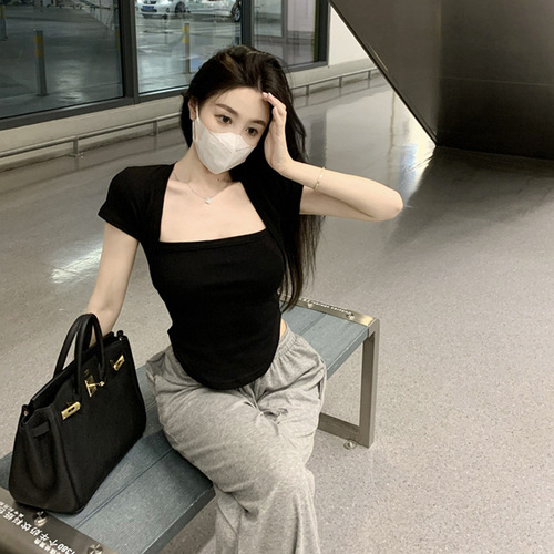 Lady's Short Sleeve New Summer Fitted Irregular Cute Square Collar Top Trendy Ins Teenage Fashion Short T-Shirt