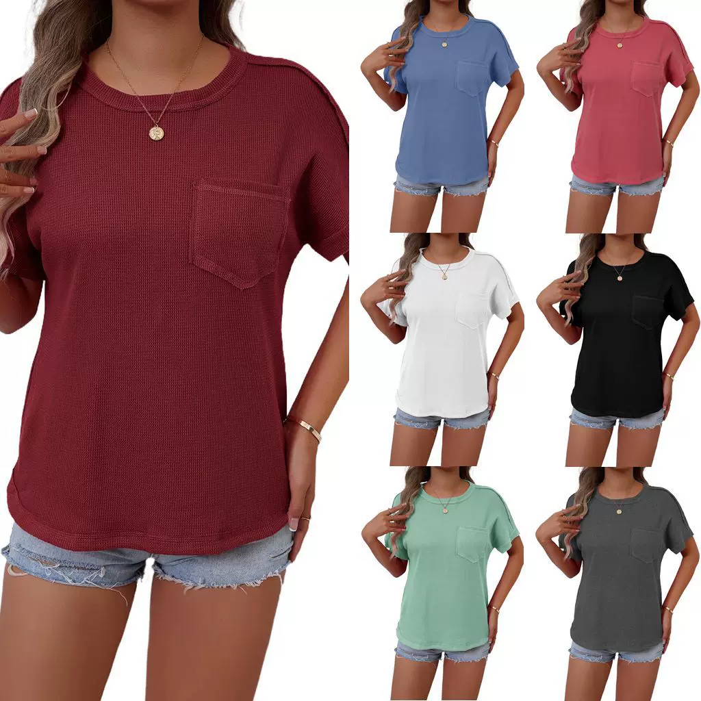 2025春夏亚马逊跨境外贸欧美女装华夫格V领短袖纯色T恤上衣潮牌