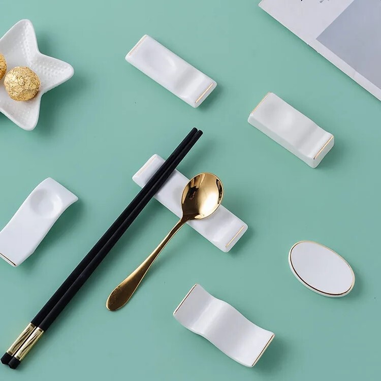 Chopstick Ceramic Holder Spoon Holder Hotel Table Dual-Use Multi-Purpose Pure White Chopstick Holder Pillow Commercial Gold Edge Chopstick Holder Wholesale