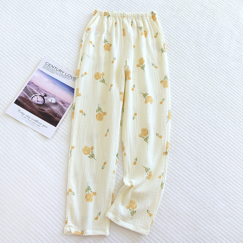 Spring And Summer New Trousers Women's Cute Flowers Thin Section 100%Cotton Crepe Casual Pants Loose Home Pants Women Bottoms