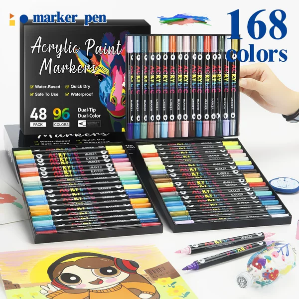 Cross-Border Double-Ended Acrylic Marker Pen 168 Colors Washable and Opaque Student DIY Painting Quick-Drying Waterproof Marker Pen