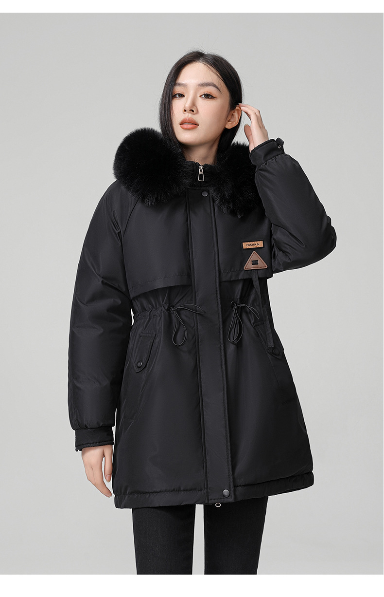 2024 foreign trade overcomes women's winter new Korean version waist cinching slimming hooded big fur collar cotton_voghion.com