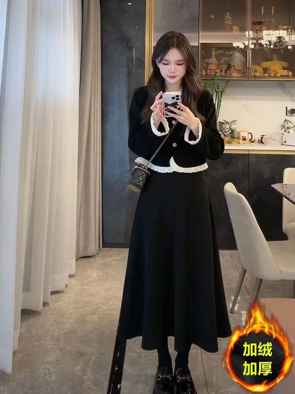 时尚套装女长袖上衣外套半身裙秋冬木耳边设计感半身裙拼接两件套|undefined