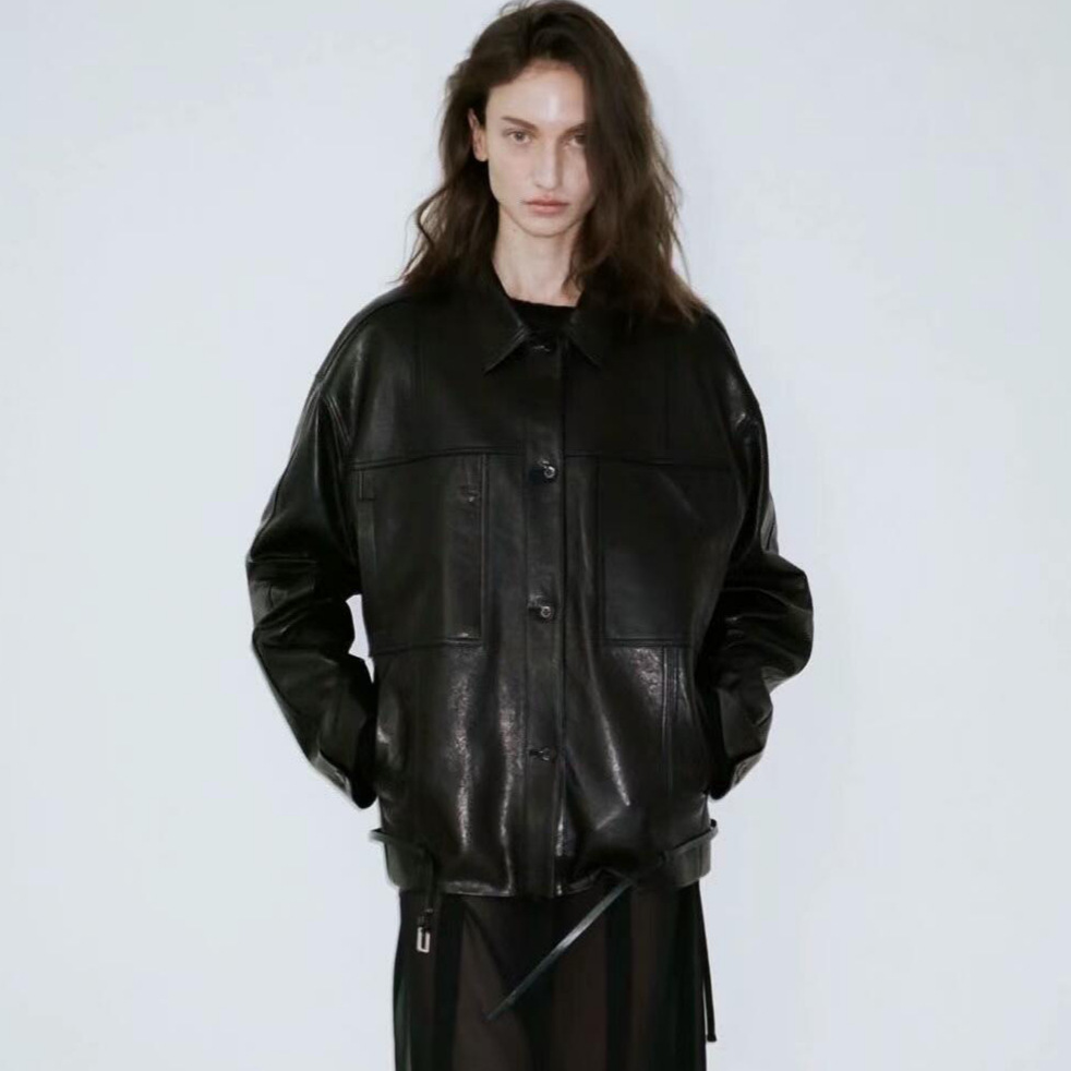 Now Korea Lond*Nflat 25 Spring Style Retro Elegant High-End Lapel Loose Leather Jacket for Women